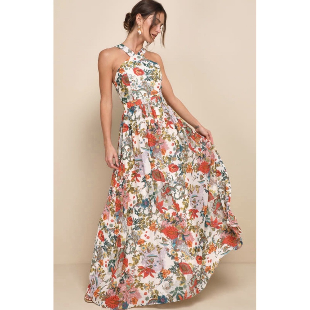 Lulus Lilja Cream Floral Print Halter Maxi Dress Womens XL NWT